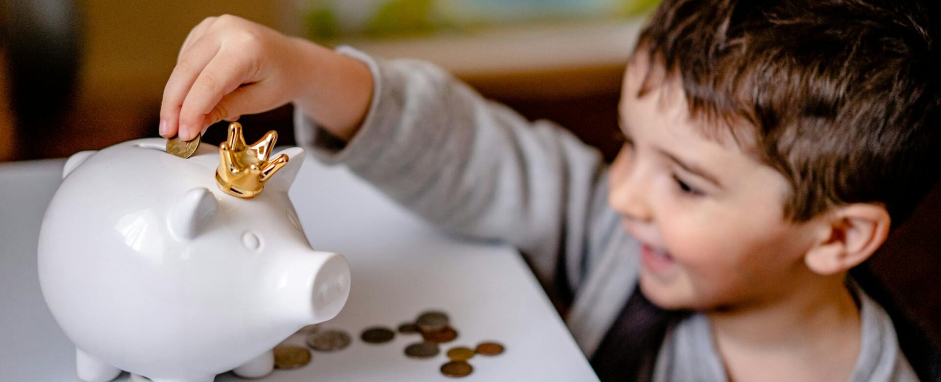 boy in gray long sleeve shirt putting coins in a piggy bank
