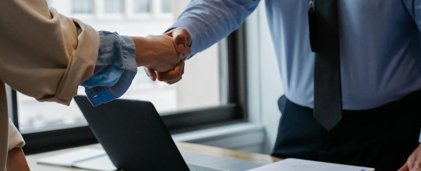 crop colleagues shaking hands in office